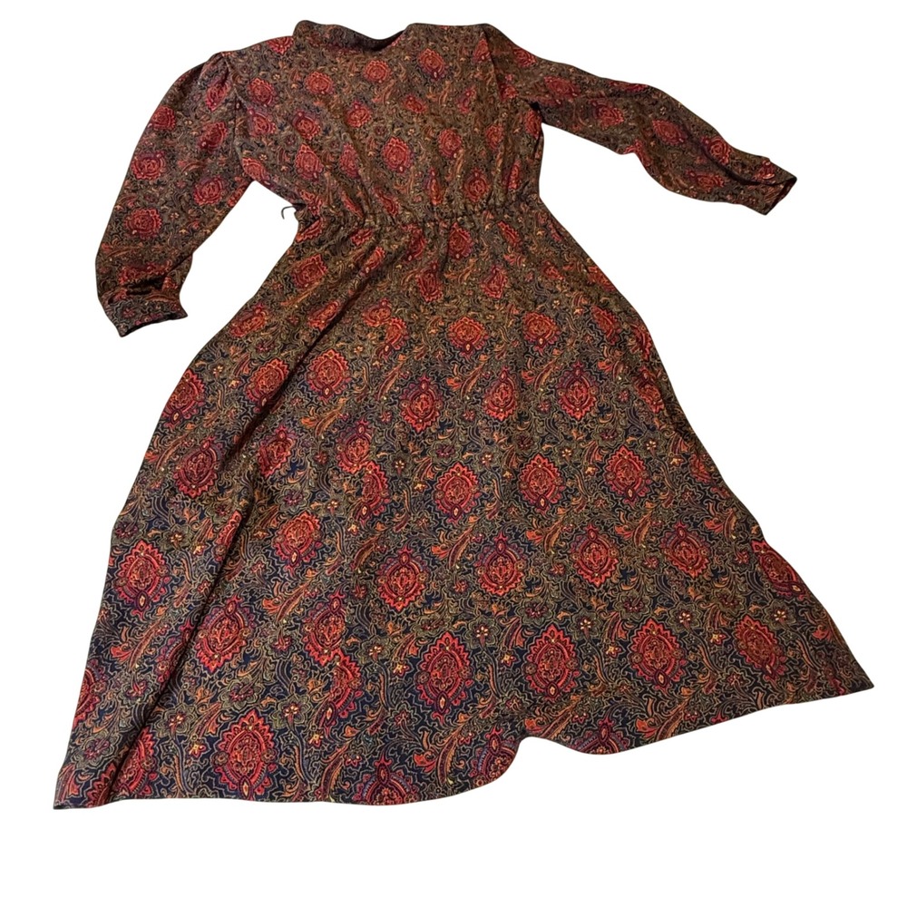 Vintage 70s‎ Paisley Midi Dress Size 16 Made in Canada Boho Long Sleeve